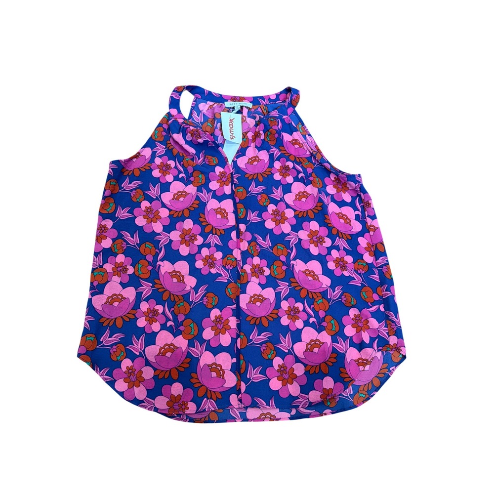 Rose + Olive Womens XL Blue Pink Floral Sleeveless Halter Neck Blouse NWT